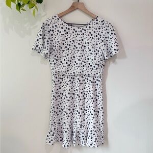 Polly Floral Mini Dress White Blue Open Back Ruffle Cottagecore Fit Flare US 10